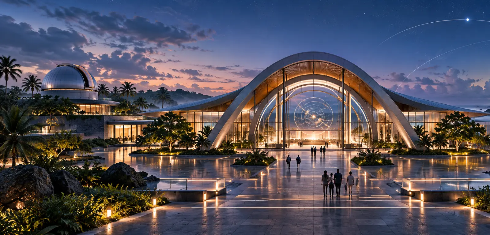 Illustration of an imagined coastal research pavilion at blue hour: a glass and steel arch glowing amber, palms, a domed observatory to the left and thin light arcs crossing the evening sky